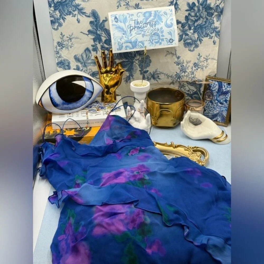 🆕 RAT & BOA 🧿 NWOT Sorrento Chiffon Maxi Dress with Train, Blue Floral - Sz XL